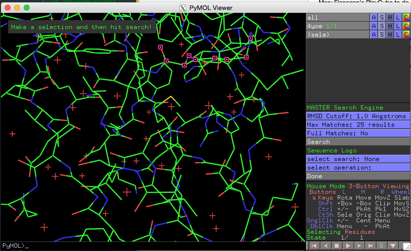 Screenshot of selecting residuals to search by in PyMol